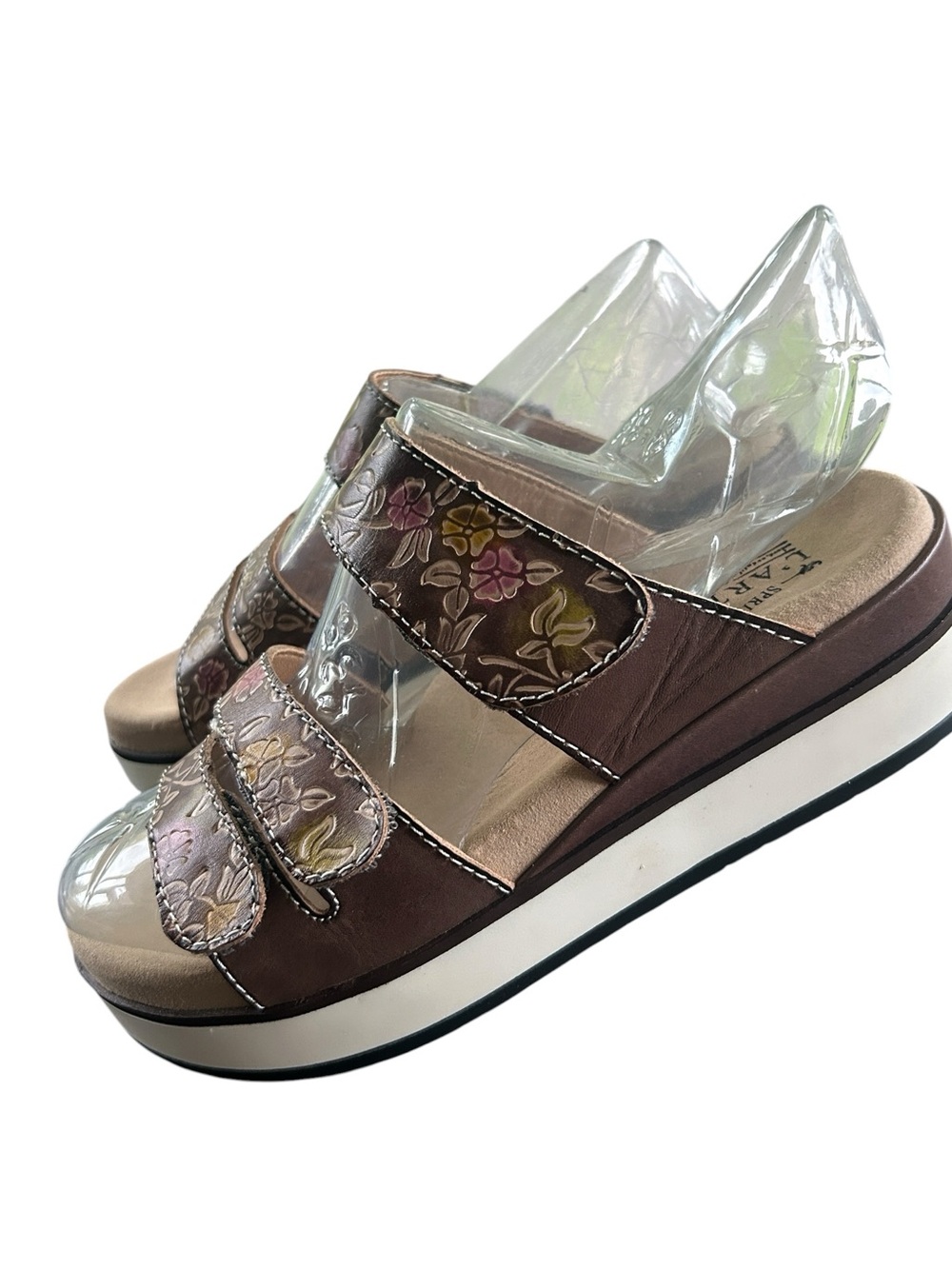 L'Artiste by Spring Step colorful floral etched leather platform slide sandals